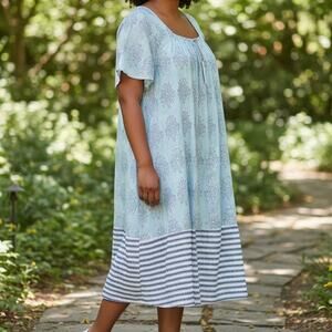 Clara The Label Coastal Cotton Midi Dress Women's Large Blue Stripe